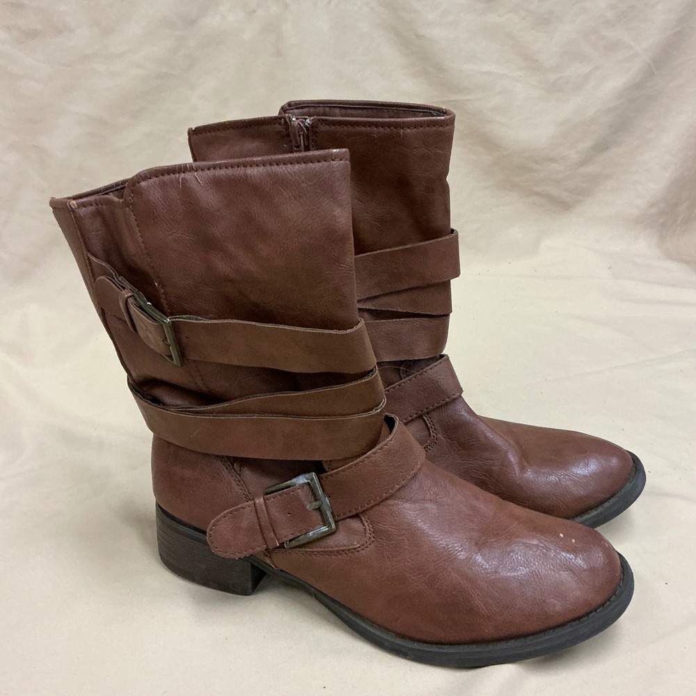 Brown Faux Leather Multi Strap Buckle Moto Boots Mid Calf Side Zip Size 10